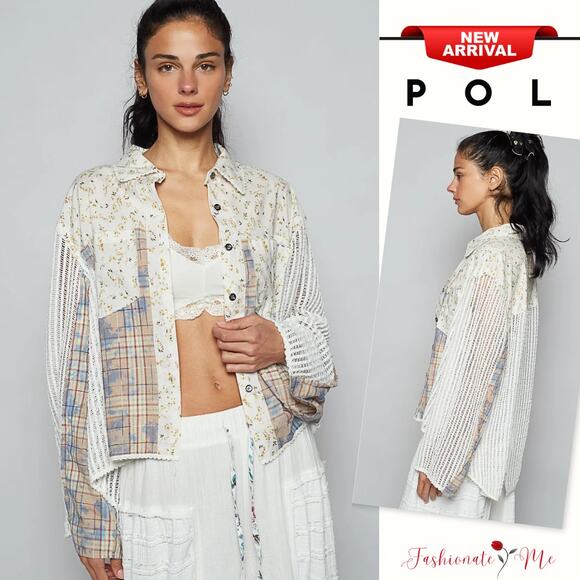 POL Floral Print Back Slit Plaid Patchwork Design Oversized Casual Shirt | Ivory - Picture 1 of 4